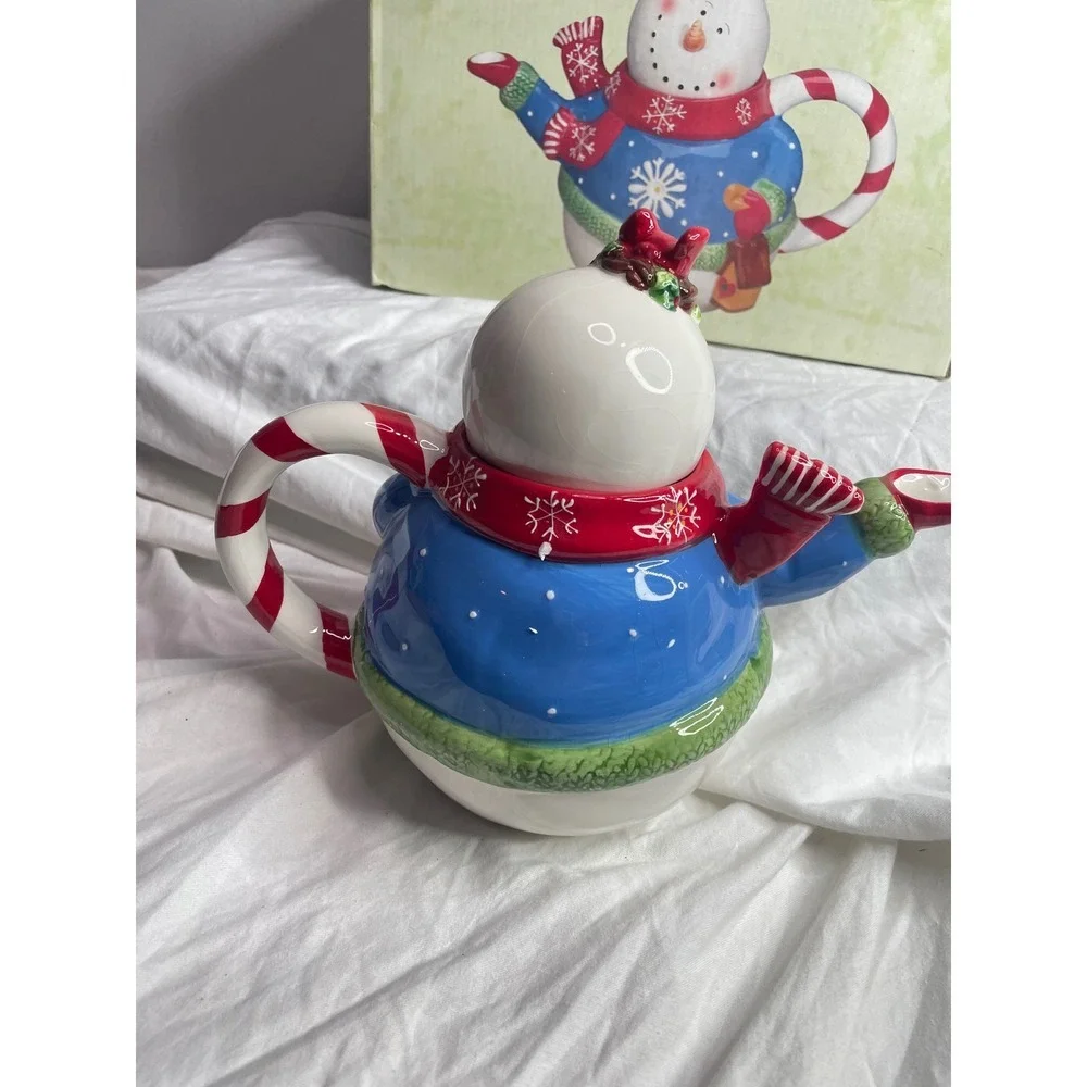 Adorable Snowman Teapot Candy Cane Handle Christmas Holiday Kitchen Decor